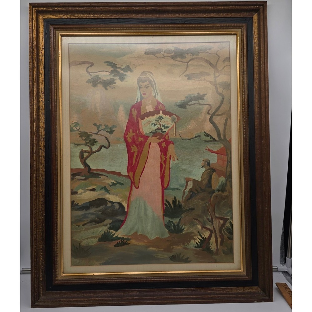 Vintage Geisha Framed PaintedAsian Woman Fan Landscape Signed Janice Haney 1957